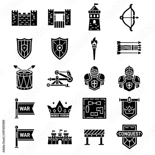 Medieval warfare collection featuring fortress gates, battlements, watchtowers, archery equipment, protective shields, flaming torches, bundled arrows, war drums, siege engines,