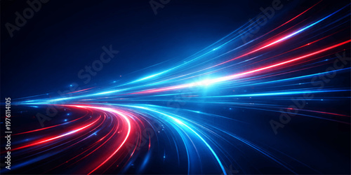 Futuristic night traffic in motion creates a glowing wave of bright light lines and color patterns on the dark road backdrop for a high-speed technology design