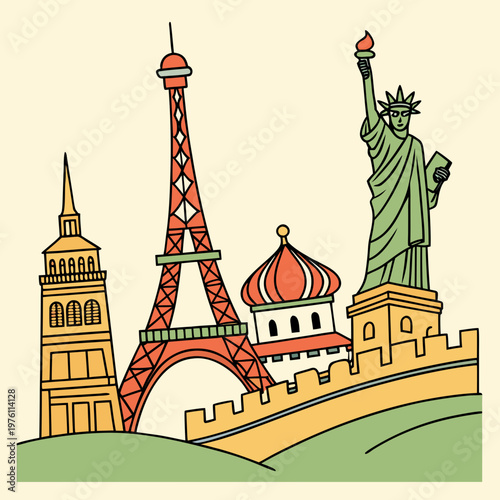 Cartoon world landmarks illustration with statue of liberty and eiffel tower plus st basils cathedral and great wall of china over green rolling hill.