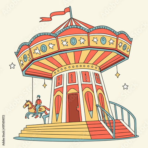 A lively cartoon illustration of a large merry-go-round with a person riding a horse and stars decorating the background.