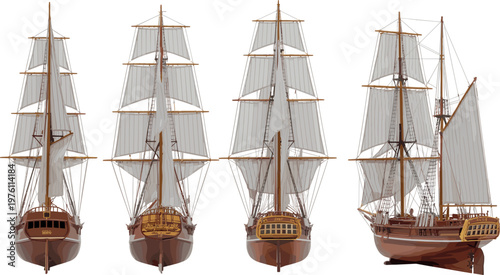 Front view sailing ships collection detailed wooden tall vessels classic maritime nautical transport illustration isolated vector design setFront view sailing ships collection detailed wooden tall ves