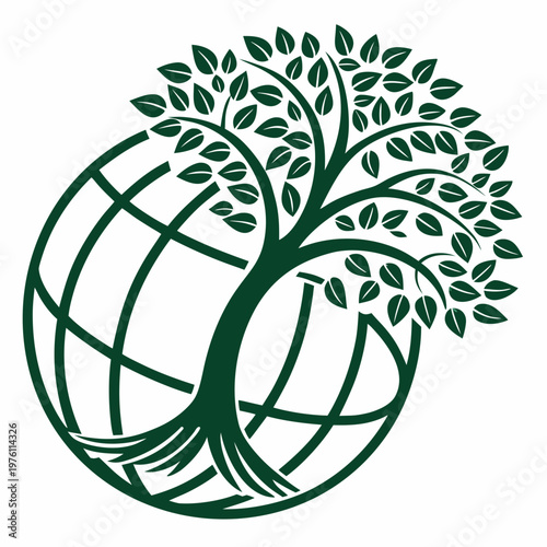 Stylized green tree integrated with global grid lines representing ecological world connectivity and international environmental sustainability vision.
