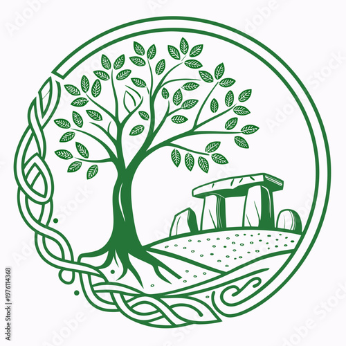 Dolmen megalithic tomb icon framed by celtic tree of life and braided border for prehistoric archaeological site branding and heritage protection.
