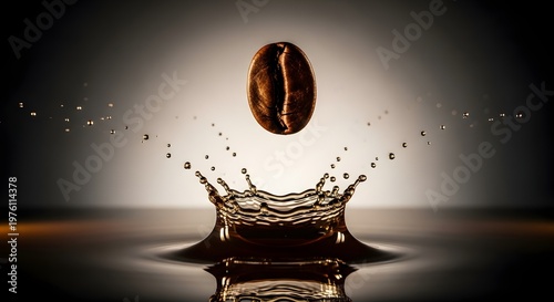 Satu biji kopi panggang jatuh ke dalam cairan kopi menghasilkan cipratan mahkota