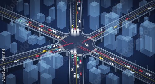 Aerial View of a Busy City Intersection at Night.