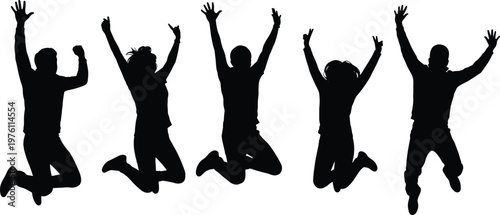 Set of jumping people silhouettes showing energetic poses, happiness and active movement isolated on white background for design use