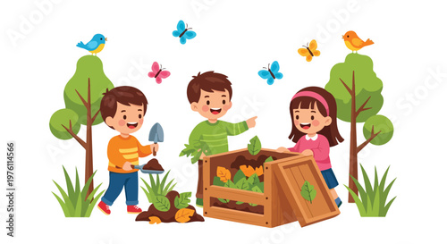 Three happy children work together in a lush garden, putting organic waste into a wooden compost bin surrounded by trees, birds, and butterflies.