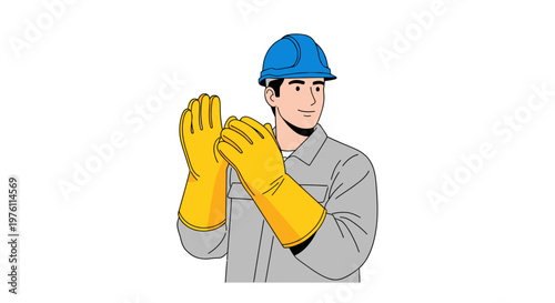 Man wearing yellow protective gloves.