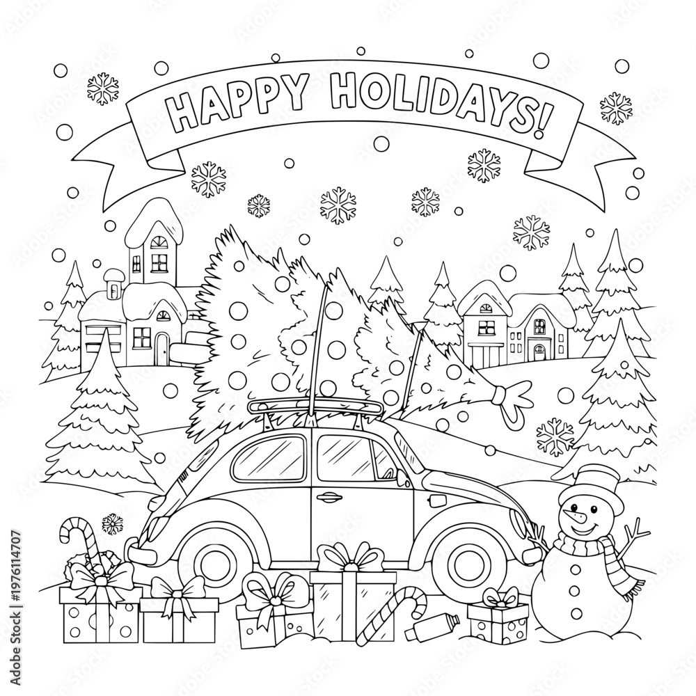 Fototapeta premium Coloring Book For Children, Festive Winter Holidays, Car Transporting Christmas Tree, Vector Clip Art