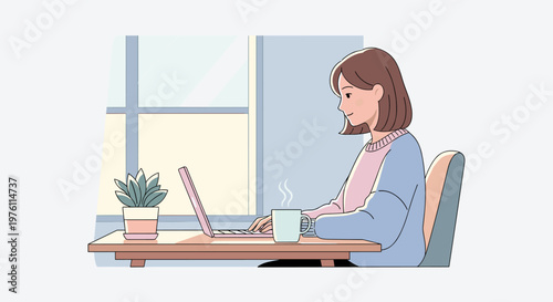 Young woman with short brown hair wearing a pink and blue sweater types on a pink laptop beside a steaming mug and potted plant near a window with soft pastel light, conveying a