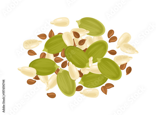 Mix of seeds, including sunflower, flax and pumpkin seeds, isolated on white background. Vector flat cartoon illustration.