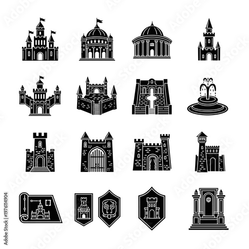 Collection of diverse medieval castles, grand historical buildings, fortified fortresses, and ornate architectural elements, presented as clean, scalable vector icons with sharp