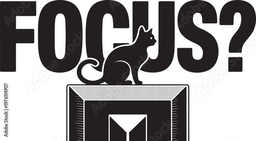 Black cat sitting on a patterned surface with the word F O C U S and a question mark