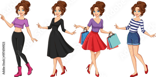 Vector Illustration of Stylish Young Woman in Various Fashion Outfits with Shopping Bags for Lifestyle, Fashion, and E-commerce Designs