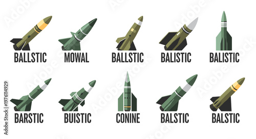 Collection of diverse missile types featuring clean lines, sharp geometric shapes, and a muted green and yellow color palette, showcasing scalable vector design elements for