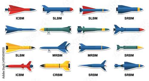 Collection of diverse missile types including icbm, slbm, mrbm, and srbm depicted with clean lines, bold colors, and distinct shapes, representing strategic defense and military