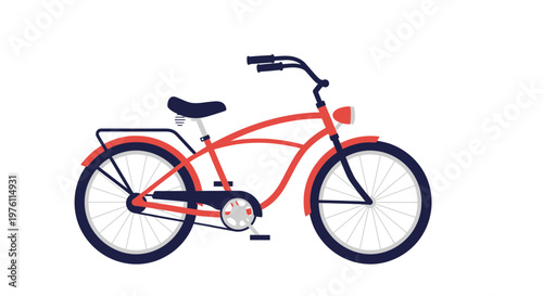 Red bicycle with black tires and seat on white background.