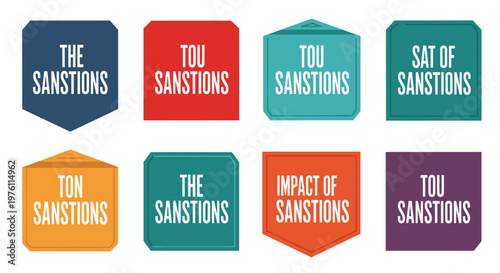 Collection of eight distinct geometric badges featuring bold white typography, showcasing phrases like "the sanctions," "tou sanctions," "sat of sanctions," "ton sanctions," and