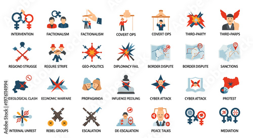 Collection of flat vector icons representing geopolitical conflicts, diplomatic challenges, and resolution strategies, featuring clear lines, distinct shapes, and a limited color