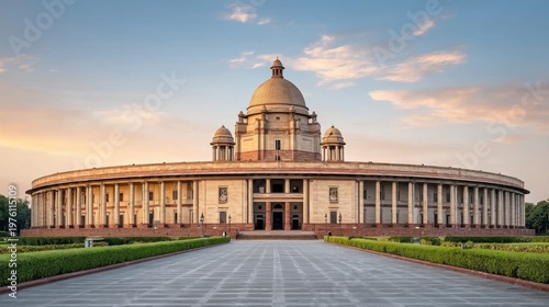 Majestic View of the Indian Parliament Building at Sunset with Vibrant Sky and Lush Surroundings