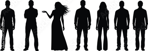 Set of male and female silhouettes standing in various poses showing people characters isolated on white background for design use