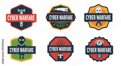 Collection of six distinct vector emblems representing cyber warfare, featuring bold geometric shapes, clean lines, and a vibrant color palette of red, blue, yellow, and green,