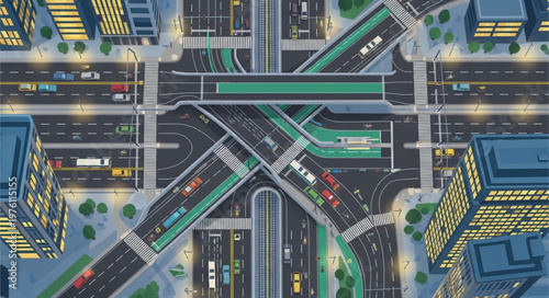 Aerial View of a Busy City Intersection at Night.
