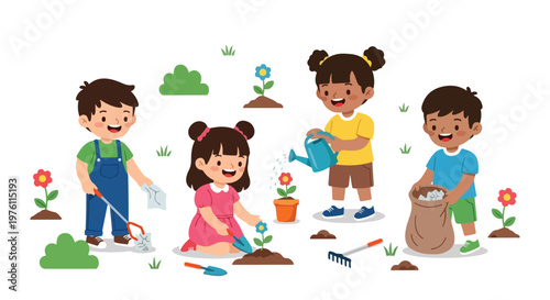 This vector illustration features four happy children working together in a garden, planting flowers, watering plants, and cleaning up trash.
