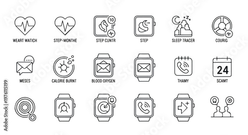 Minimalist smartwatch icons set, 18 health and fitness tracking line symbols, wearable technology interface elements for mobile apps and web design