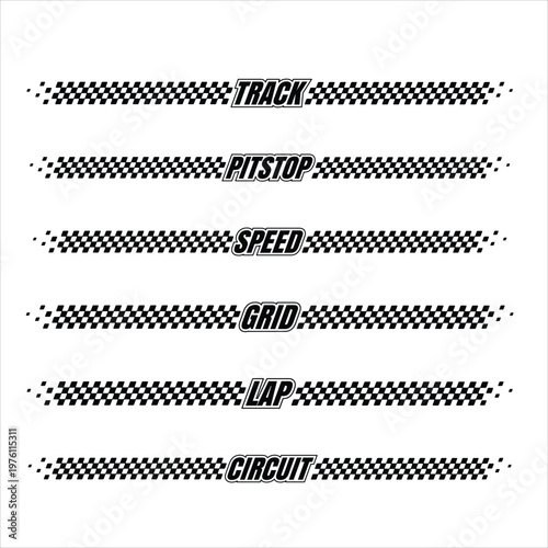 Set of racing typography stripe banners, checkered flag dividers with track, pitstop, speed, grid, lap, circuit text, motorsport header lines for automotive decals, race posters, esports overlays