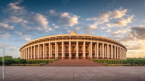 Wide Angle View of Indian Parliament House During Golden Hour with Dramatic Sky and Clouds