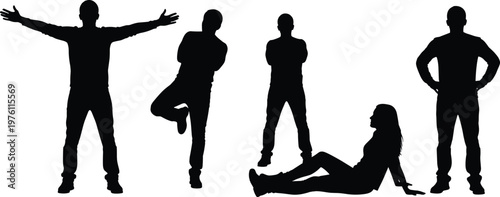 Set of people silhouettes in relaxed and confident poses showing standing and sitting characters isolated on white background for design