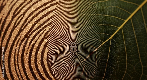 Biometric Fingerprint Merged with Leaf Texture and Ornate Padlock, Nature Identity Security Concept
