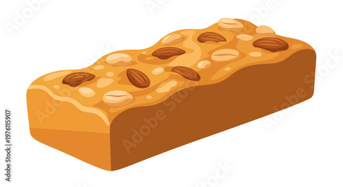 A golden-brown, rectangular energy bar features a textured, wavy top surface generously embedded with roasted almonds and peanuts, resembling a nutritious and chewy snack morsel on a white background