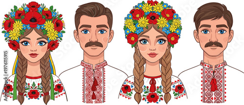 Ukrainian Traditional Clothing People Set with Embroidered Shirts and Floral Wreaths Illustration, Slavic Culture Folk Costume Characters Vector Design