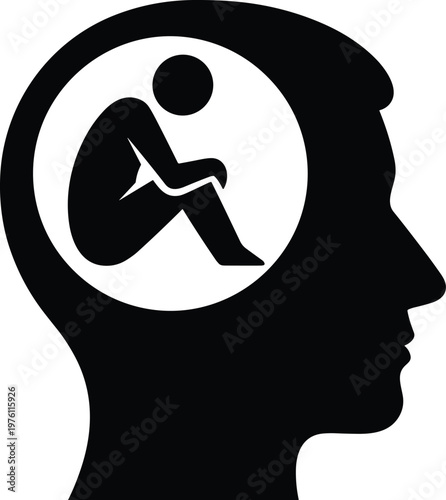 Human head silhouette with person sitting inside representing mental health stress anxiety depression concept isolated on white background illustration
