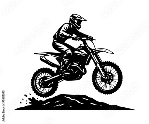 Motocross rider jumping on dirt bike silhouette illustration. extreme sports.