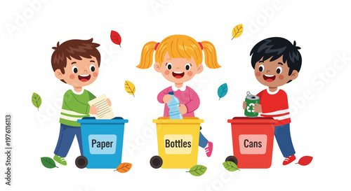Three kids are happily recycling paper, bottles, and cans into color-coded bins, promoting eco-friendly habits amid falling autumn leaves.