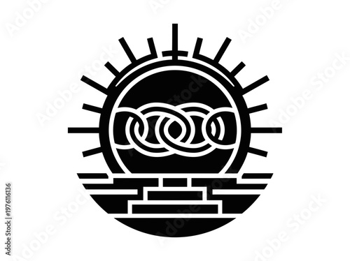 Abstract sunburst chain link emblem with geometric base