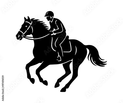 Equestrian rider on galloping horse silhouette illustration. fun sports.