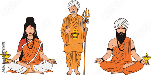 Traditional Indian Spiritual Characters Vector Set Featuring Sadhu, Yogi, and Woman in Meditation with Lamp and Trident for Cultural and Religious Designs