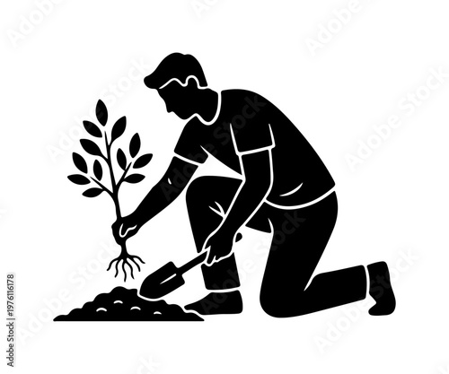 Man planting a tree sapling silhouette illustration. environmental conservation.