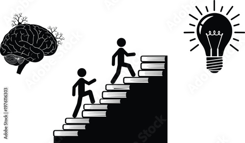 Learning growth concept with brain stairs and light bulb knowledge education progress success idea isolated on white background illustration
