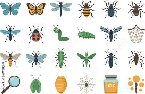 Collection of twenty four colorful bug and insect icons