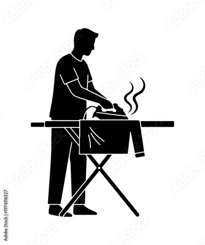 Man ironing clothes on ironing board silhouette illustration.