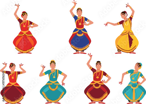 Traditional Dance Pose Collection with Vibrant Costumes and Elegant Movements for Cultural, Dance, and Illustration Designs