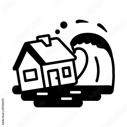 A glyph style icon showing tsunami disaster
