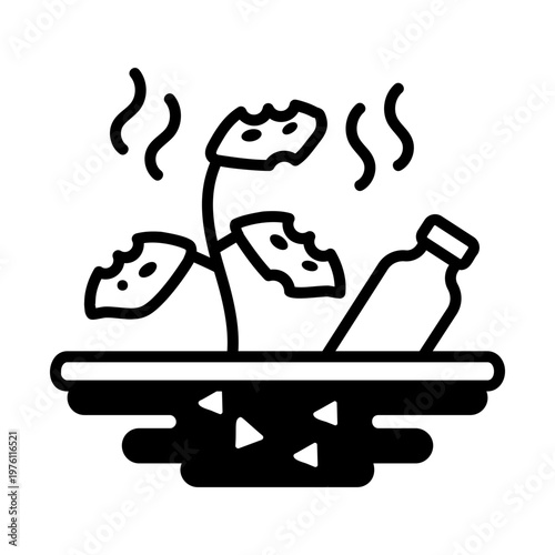 A glyph style icon showing land pollution