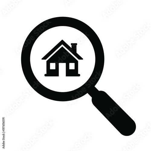 Magnifying glass over a house icon searching for property