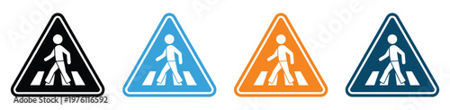 Pedestrian crossing vector sign set, crosswalk and zebra symbols, pedestrians traffic road signs, no walking and safe crossing area, road safety and traffic warning icon collection.